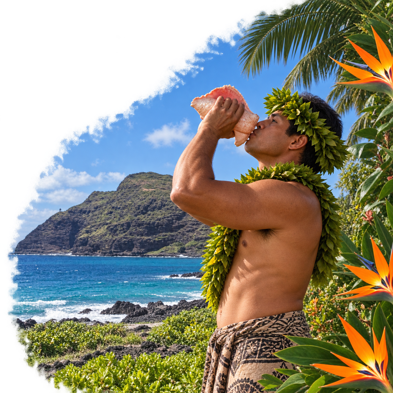 Illustrative conch-shell performer framed by palms, with the mountain and ocean in view